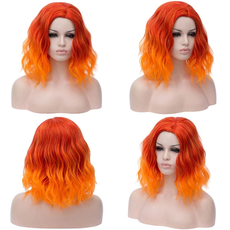 Cying Lin Short Bob Wavy Curly Wig Ombre Orange Wig For Women Fire Wigs Cosplay Halloween Wigs Heat Resistant Bob Party Wig Include Wig Cap (Orange) - Image 3